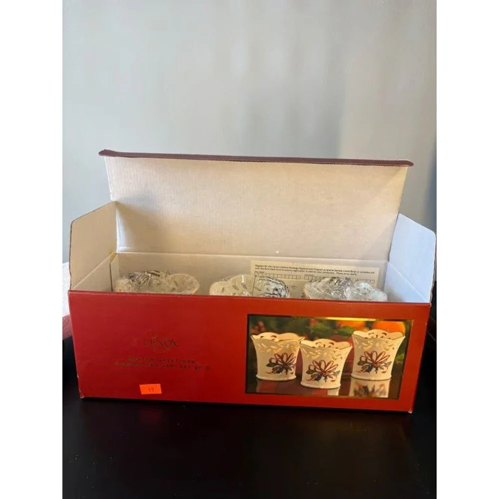 Lenox Winter Greetings Pierced Votives Set of 3 Ivory Porcelain Original Box